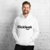 A young man is wearing stylish Klicklook Unisex White Hoodie.