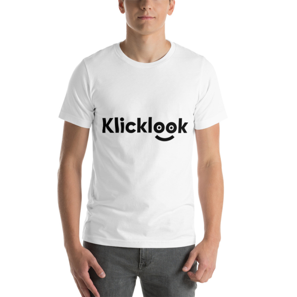A young man is wearing stylish Klicklook Unisex White T-shirt.