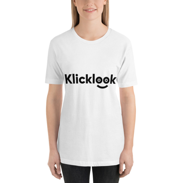 A young woman is wearing stylish Klicklook Unisex White T-shirt.